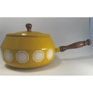 Vintage enamel fondue pot with lid, yellow geometric MCM design, wood handle